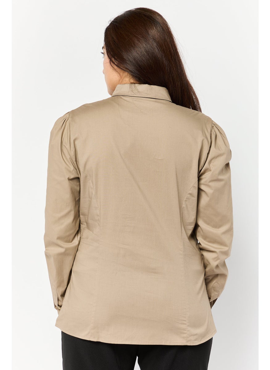 Harmont  Blaine Sport - Women Button Down Collar Brand Logo Shirt, Taupe - Image 1