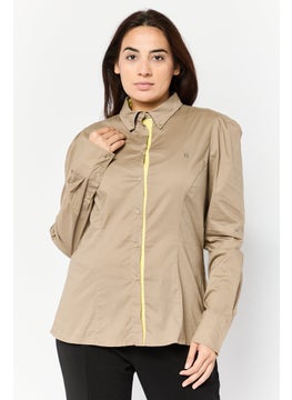 Women Button Down Collar Brand Logo Shirt, Taupe