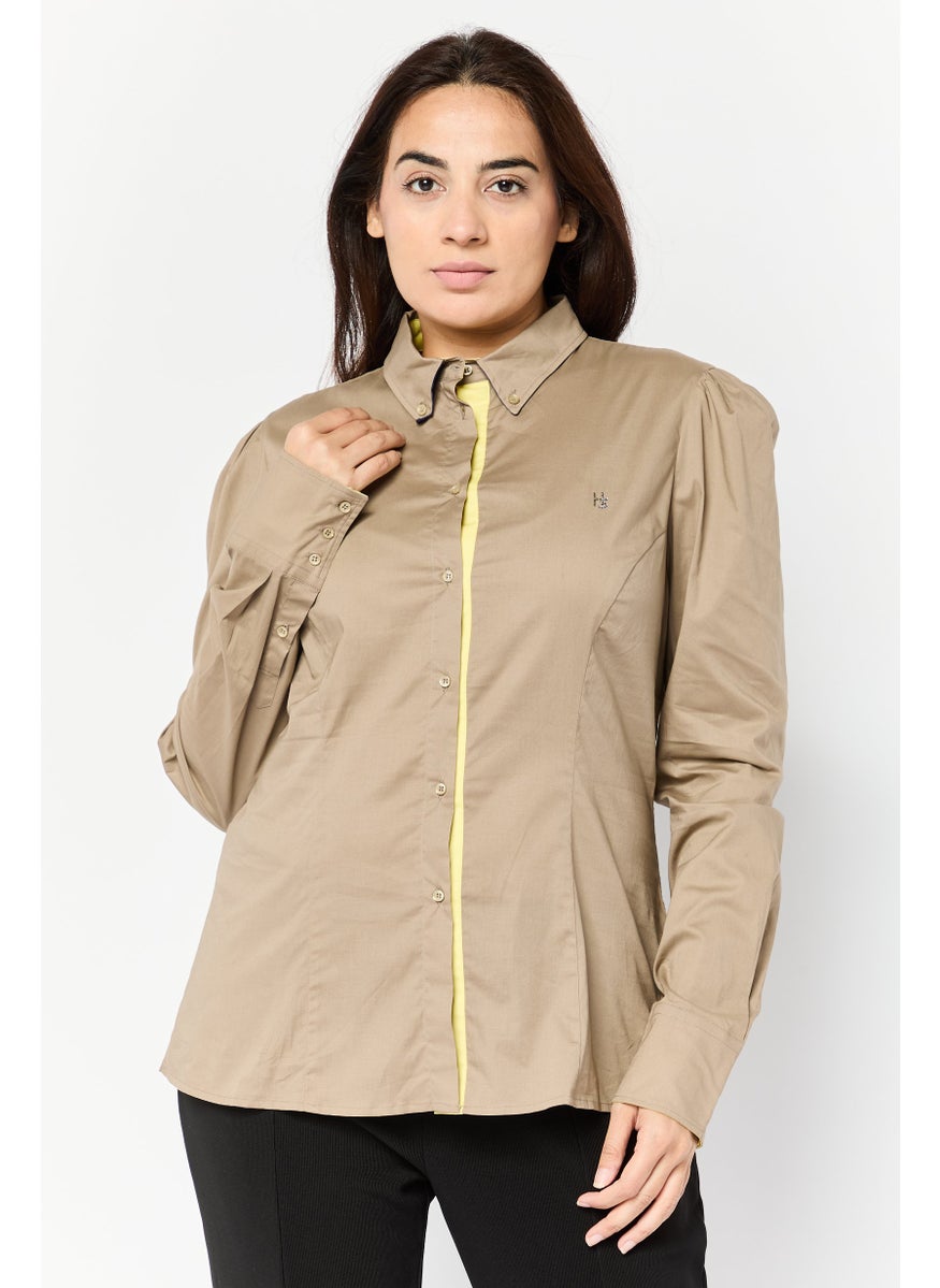 Harmont  Blaine Sport - Women Button Down Collar Brand Logo Shirt, Taupe - Image 1