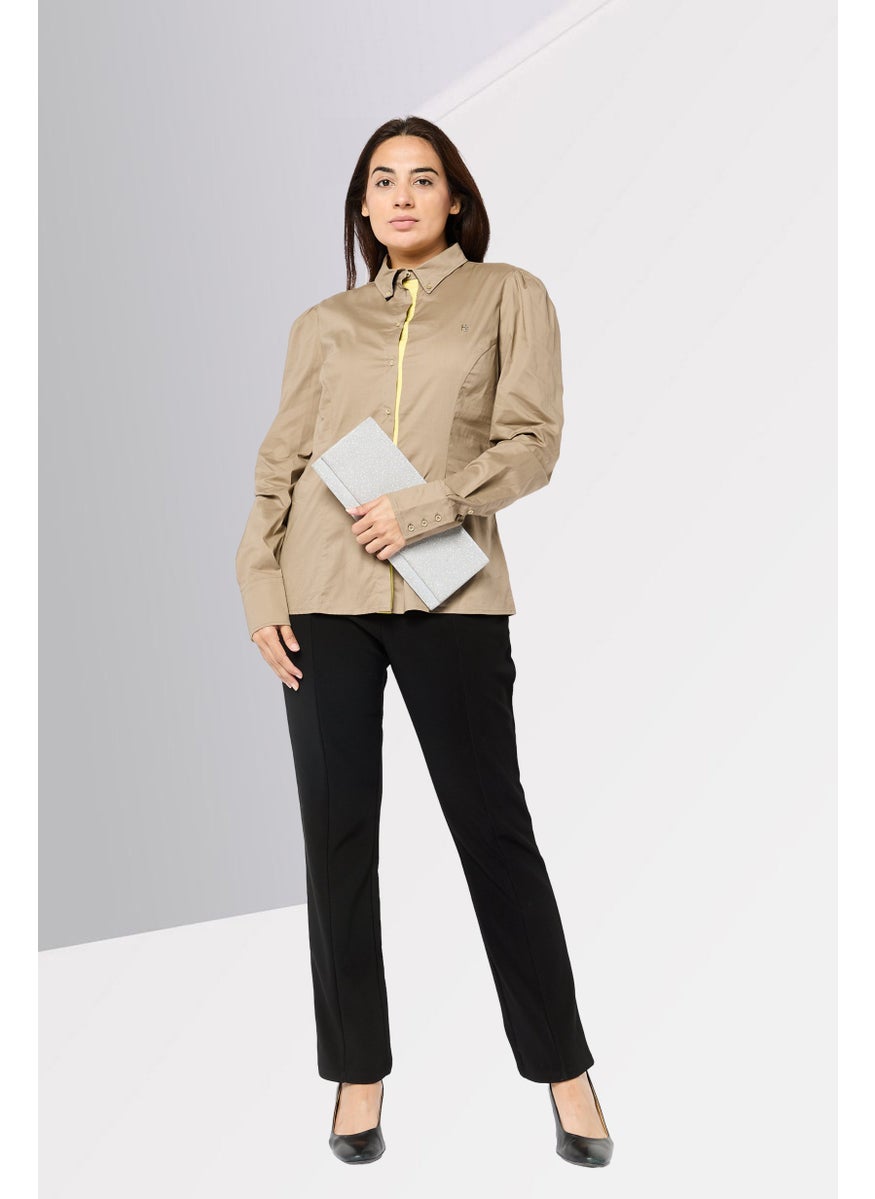 Harmont  Blaine Sport - Women Button Down Collar Brand Logo Shirt, Taupe - Image 1