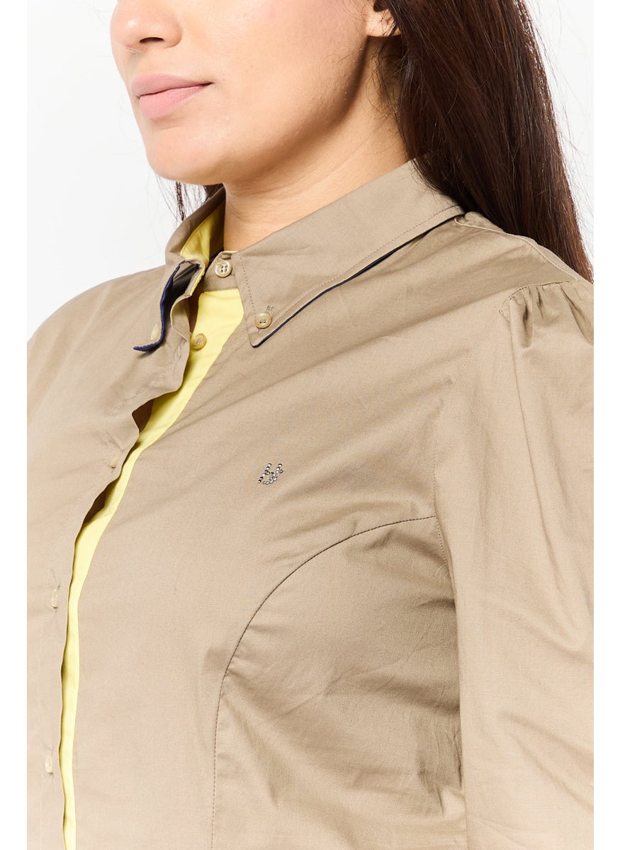 Harmont  Blaine Sport - Women Button Down Collar Brand Logo Shirt, Taupe - Image 1