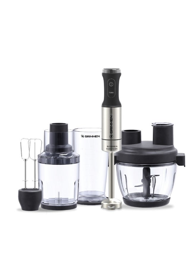 Grimmen 1200W Hand Blender Set, Complete 5-Piece Kit Including Double Whisk, 800ml Breaker with Lid, 2L Chopper, and Single-Button Smart Speed Control, Ideal for Blending, Chopping & Mixing  - Image 1
