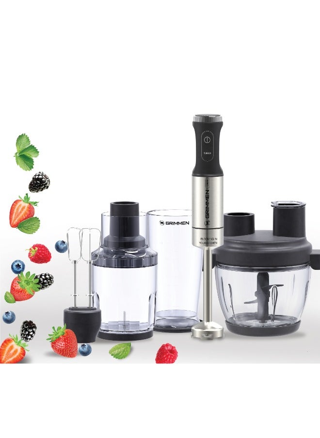 Grimmen 1200W Hand Blender Set, Complete 5-Piece Kit Including Double Whisk, 800ml Breaker with Lid, 2L Chopper, and Single-Button Smart Speed Control, Ideal for Blending, Chopping & Mixing  - Image 4