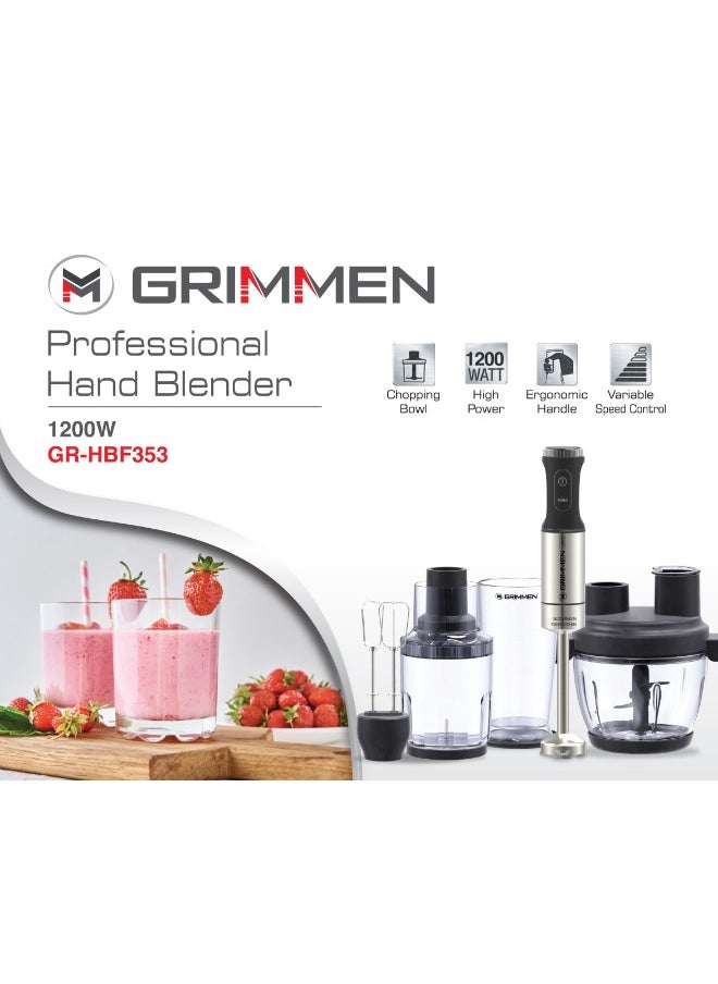 Grimmen 1200W Hand Blender Set, Complete 5-Piece Kit Including Double Whisk, 800ml Breaker with Lid, 2L Chopper, and Single-Button Smart Speed Control, Ideal for Blending, Chopping & Mixing  - Image 3