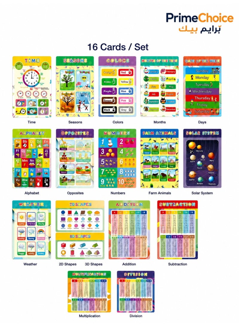 Prime Choice 16-Pack Kids Educational English Learning Posters – Preschool Classroom Wall Charts, Early Learning & Homeschool Educational Charts for Toddlers and Kindergarten - Image 1