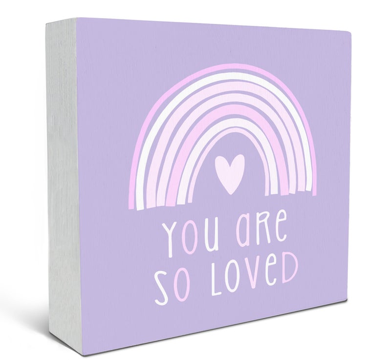 SRADMO You Are So Loved Rainbow Heart Wood Box Sign Desk Decor, Purple Kids Inspirational Quotes Wooden Block Box Sign Decoration for Kids Room Nursery Playroom Shelf Table Decorative Accessories - Image 1