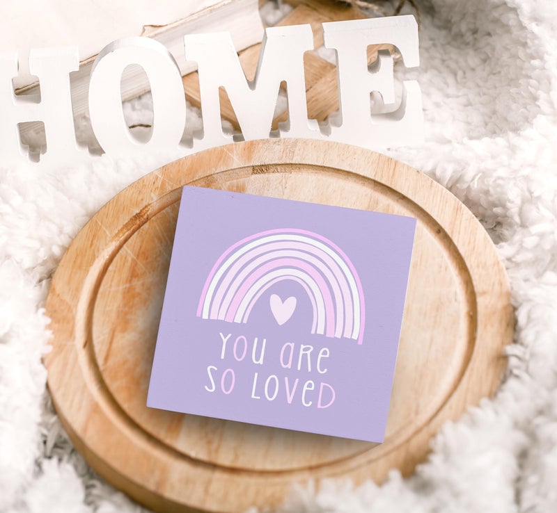 SRADMO You Are So Loved Rainbow Heart Wood Box Sign Desk Decor, Purple Kids Inspirational Quotes Wooden Block Box Sign Decoration for Kids Room Nursery Playroom Shelf Table Decorative Accessories - Image 5