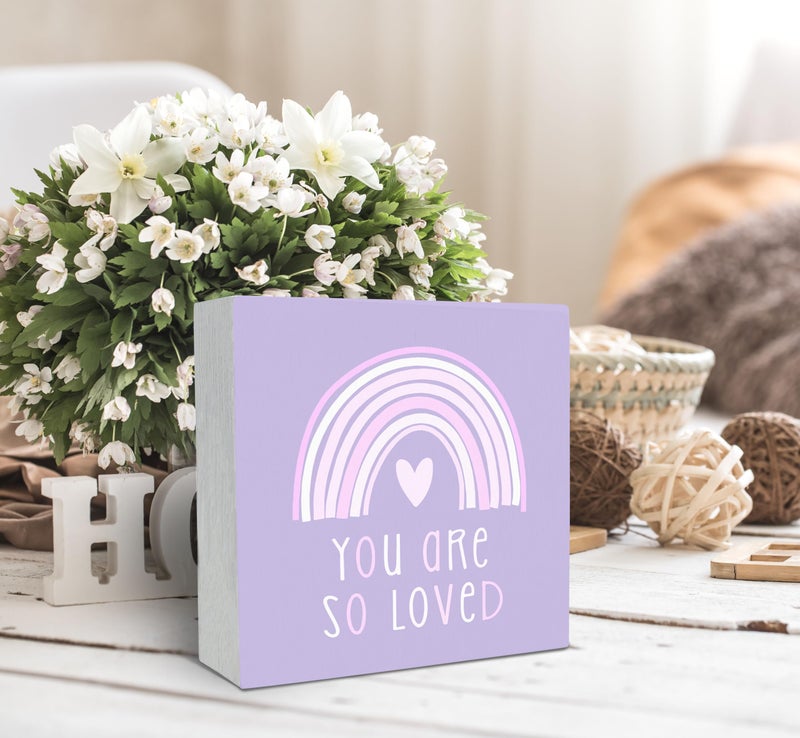 SRADMO You Are So Loved Rainbow Heart Wood Box Sign Desk Decor, Purple Kids Inspirational Quotes Wooden Block Box Sign Decoration for Kids Room Nursery Playroom Shelf Table Decorative Accessories - Image 3