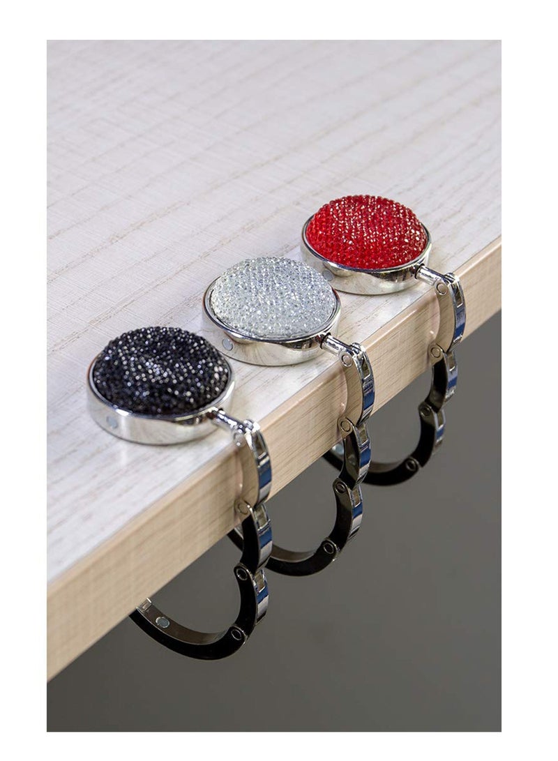 KASTWAVE Foldable Purse Hook, Floding Handbag Hanger Bling Rhinestone Bag Holder for Table Desk 3PCS Black White Red - Image 2