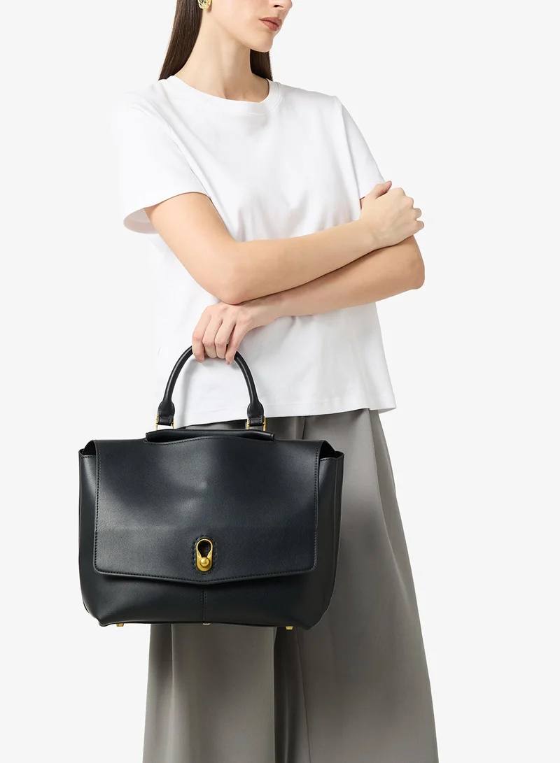 Flap Top Handle Bag With Gold Accent