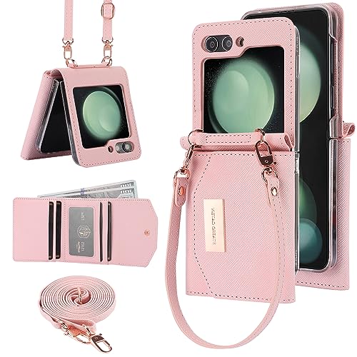 XIMAND for Samsung Galaxy Z Flip 5 Wallet Case with Builtin Leather Cash Slot and Credit Card Holder Wristlet Strap and Hinge Protection Carrying Handbag Phone Case for Women LadiesPink - Image 1