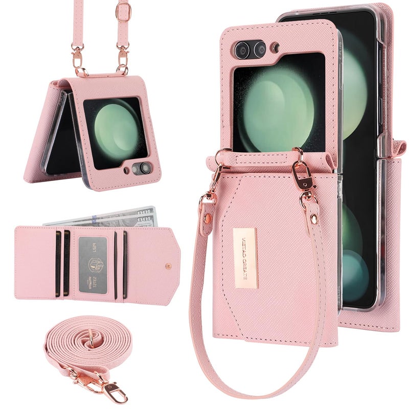 XIMAND for Samsung Galaxy Z Flip 5 Wallet Case with Builtin Leather Cash Slot and Credit Card Holder Wristlet Strap and Hinge Protection Carrying Handbag Phone Case for Women LadiesPink - Image 2