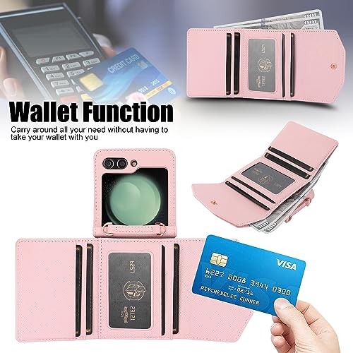 XIMAND for Samsung Galaxy Z Flip 5 Wallet Case with Builtin Leather Cash Slot and Credit Card Holder Wristlet Strap and Hinge Protection Carrying Handbag Phone Case for Women LadiesPink - Image 3