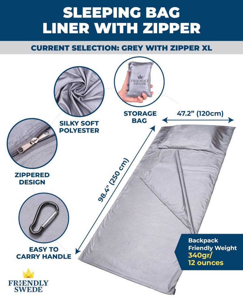 The Friendly Swede XL Sleeping Bag Liner Ultralight - Thin Travel Sheets for Hotel with Full Length Zipper; Camping Sheets & Adult Sleep Sack for Backpacking; Travel Sleeping Bag - Grey (Zipper) - Image 3