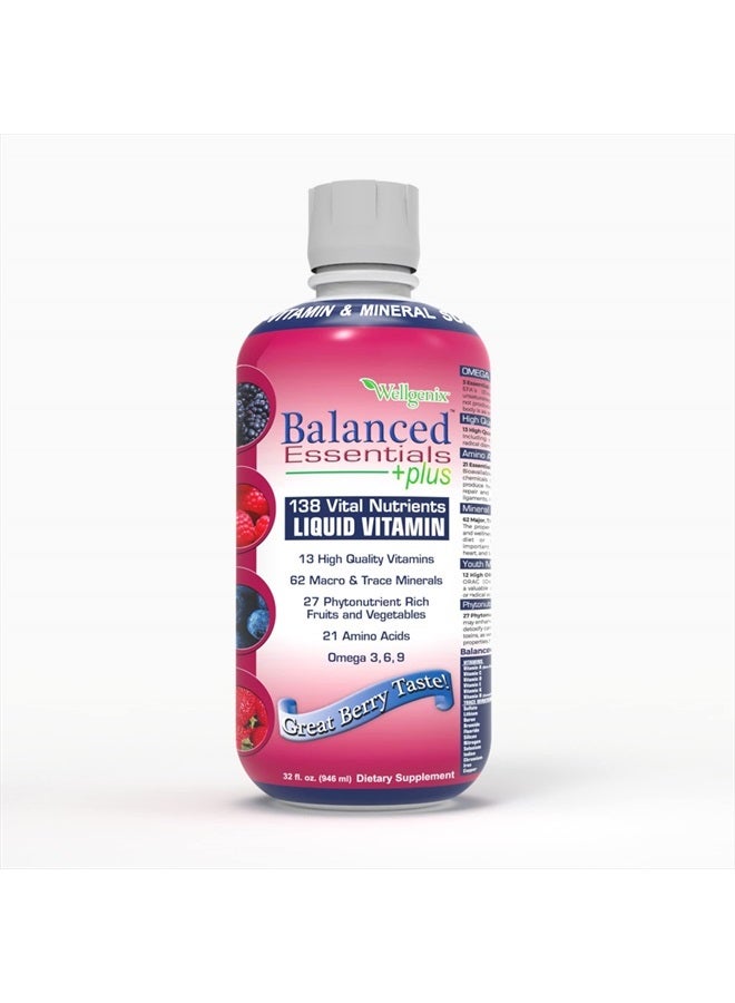 wellgenix Balanced Essentials Plus New Formula - Liquid Multivitamin Supplement for Men & Women, Immune Booster, Overall Health & Wellness, Berry Flavor, Adult & Kids Vitamins 1oz Daily, 32 Fl Oz - Image 1
