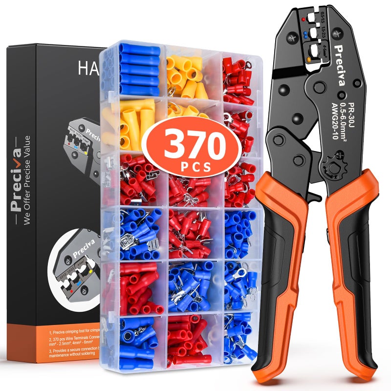 Preciva Wire Terminals Crimping Tool Kit with New Handle Design, Preciva AWG20-10 Insulated Ratcheting Crimper Tool with 370PCS Insulated Wire Connectors (USRC50371) - Image 1