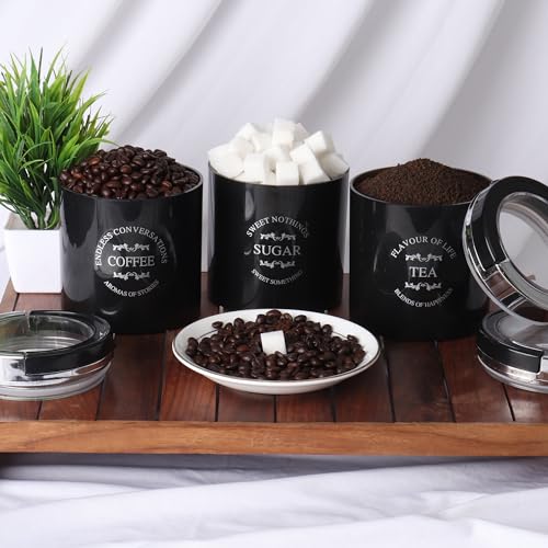 Jaypee Plus Classique 3 Tea Coffee Sugar Storage Container Set 750 ml Airtight Plastic canisters Tea containers for kitchen | Silicon rubber lock Stackable glossy finish transparent Lid, Black - Image 2