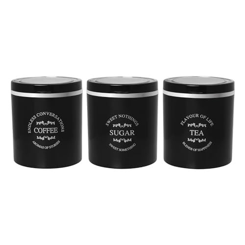 Jaypee Plus Classique 3 Tea Coffee Sugar Storage Container Set 750 ml Airtight Plastic canisters Tea containers for kitchen | Silicon rubber lock Stackable glossy finish transparent Lid, Black - Image 1