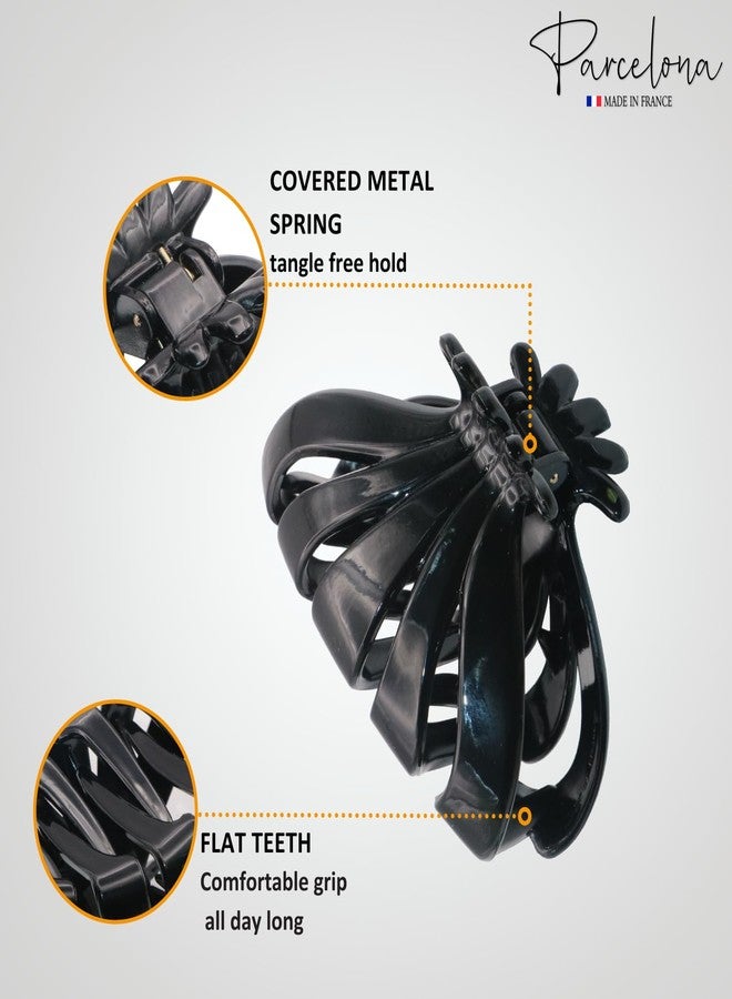 Parcelona French Fleur Medium 3.25" Wide Celluloid Hair Claw Clips Covered Spring Fashion Durable Styling Clips Women Hair Accessories No Slip Grip Hair Clip for Girls, Made in France (Glossy Black) - Image 3