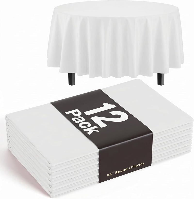 Exquisite 12-Pack Premium Plastic Tablecloth 84in. Round Table Cover - White - Image 1