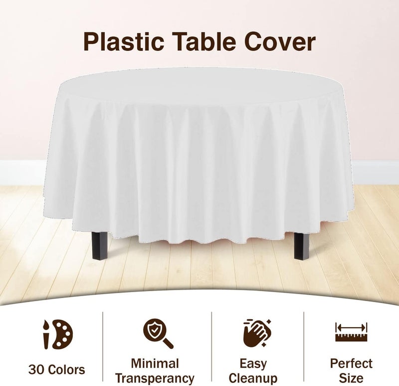 Exquisite 12-Pack Premium Plastic Tablecloth 84in. Round Table Cover - White - Image 3