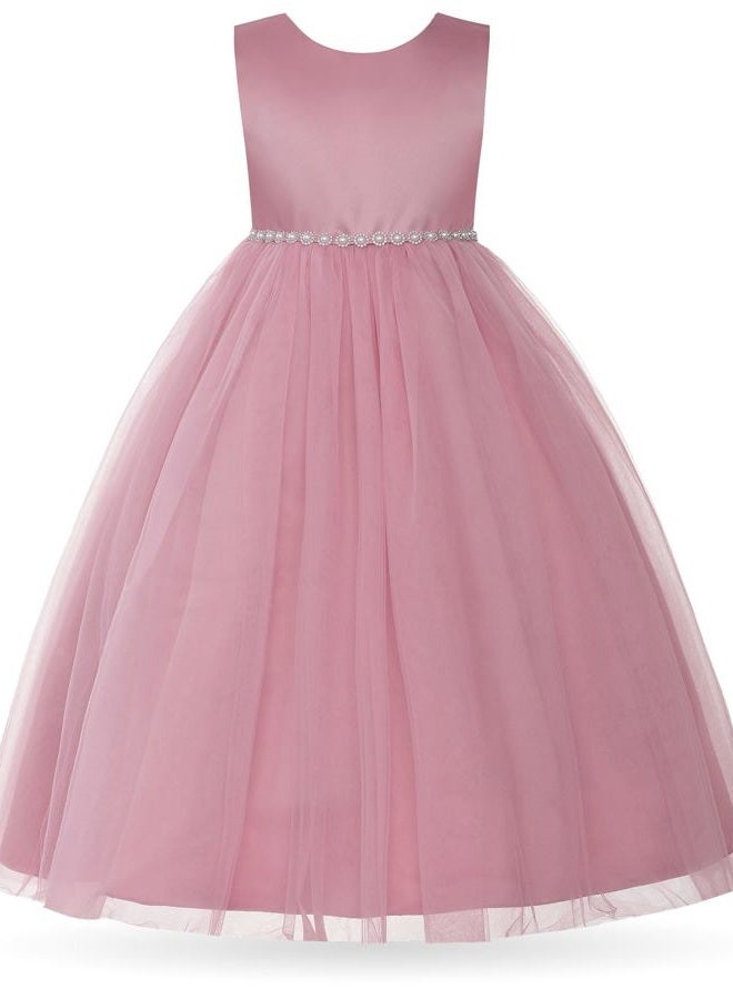 Uhnice Flower Girl Pearl Dress Tulle Ball Gown Bow Prom with Heart Cutout for Wedding Birthday Party (Pink, 140/8-9 Years) - Image 2