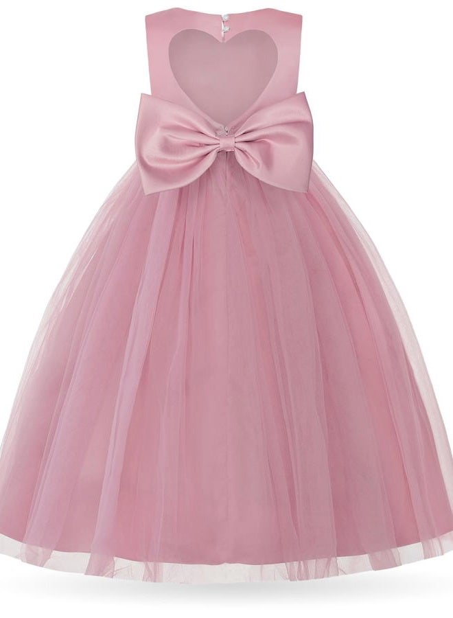 Uhnice Flower Girl Pearl Dress Tulle Ball Gown Bow Prom with Heart Cutout for Wedding Birthday Party (Pink, 140/8-9 Years) - Image 1