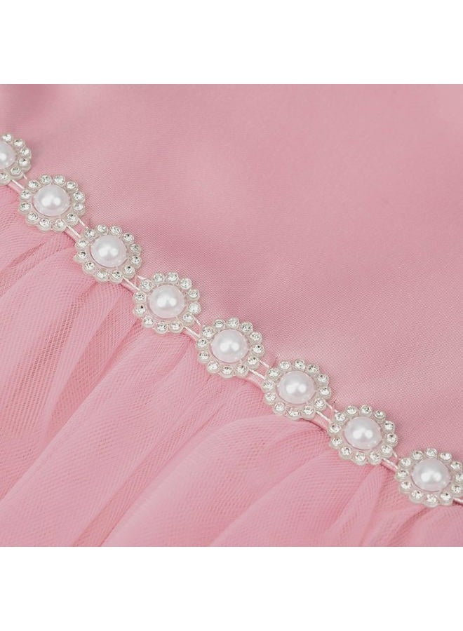 Uhnice Flower Girl Pearl Dress Tulle Ball Gown Bow Prom with Heart Cutout for Wedding Birthday Party (Pink, 140/8-9 Years) - Image 5