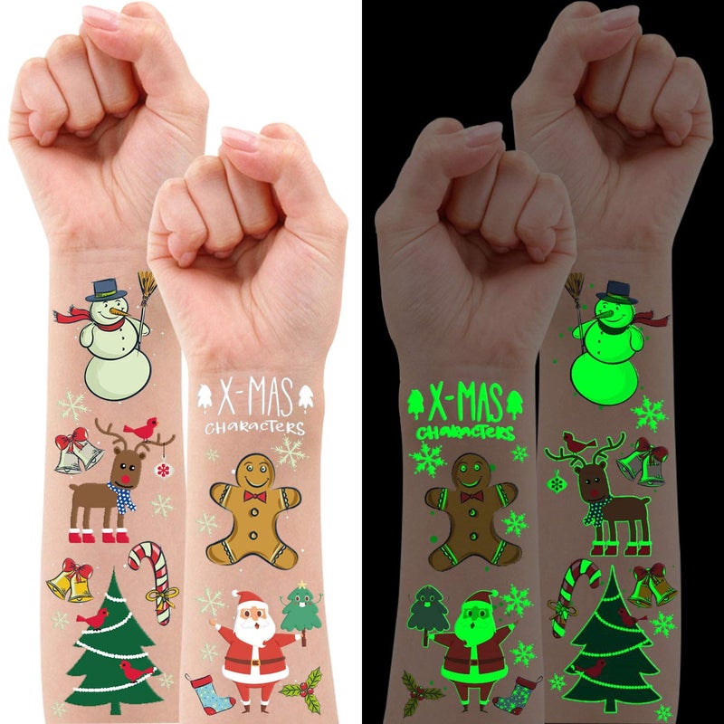 Partywind Luminous Christmas Temporary Tattoos for Party Decorations Glow Christmas Stocking Stuffers for Kids Party Favors Supplies Xmas Holiday Stickers for Kids Boys Girls  4 Sheets