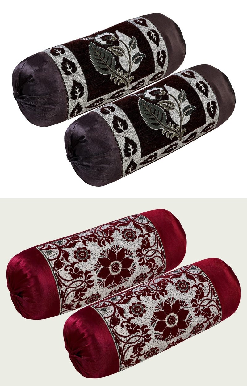HSR Collection Premium Chennile Luxury Bolster Cover, Coffee & Maroon - 4 Pieces - Image 1