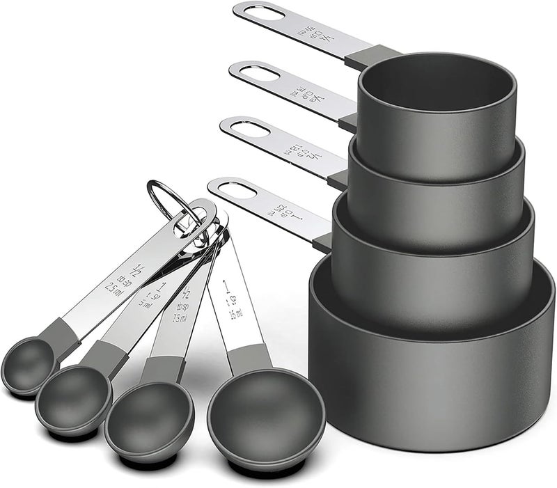 مستودع الأدوات مجموعة أكواب وملاعق القياس م�� الفولاذ المقاوم للصدأ من ToolHouse مكونة من 8 قطع – 4 أكواب قابلة للتكديس + 4 ملاعق صغيرة، مع علامات قياس محفورة، مناسبة للمكونات الجافة والسائلة في الخبز والطهي - Image 1