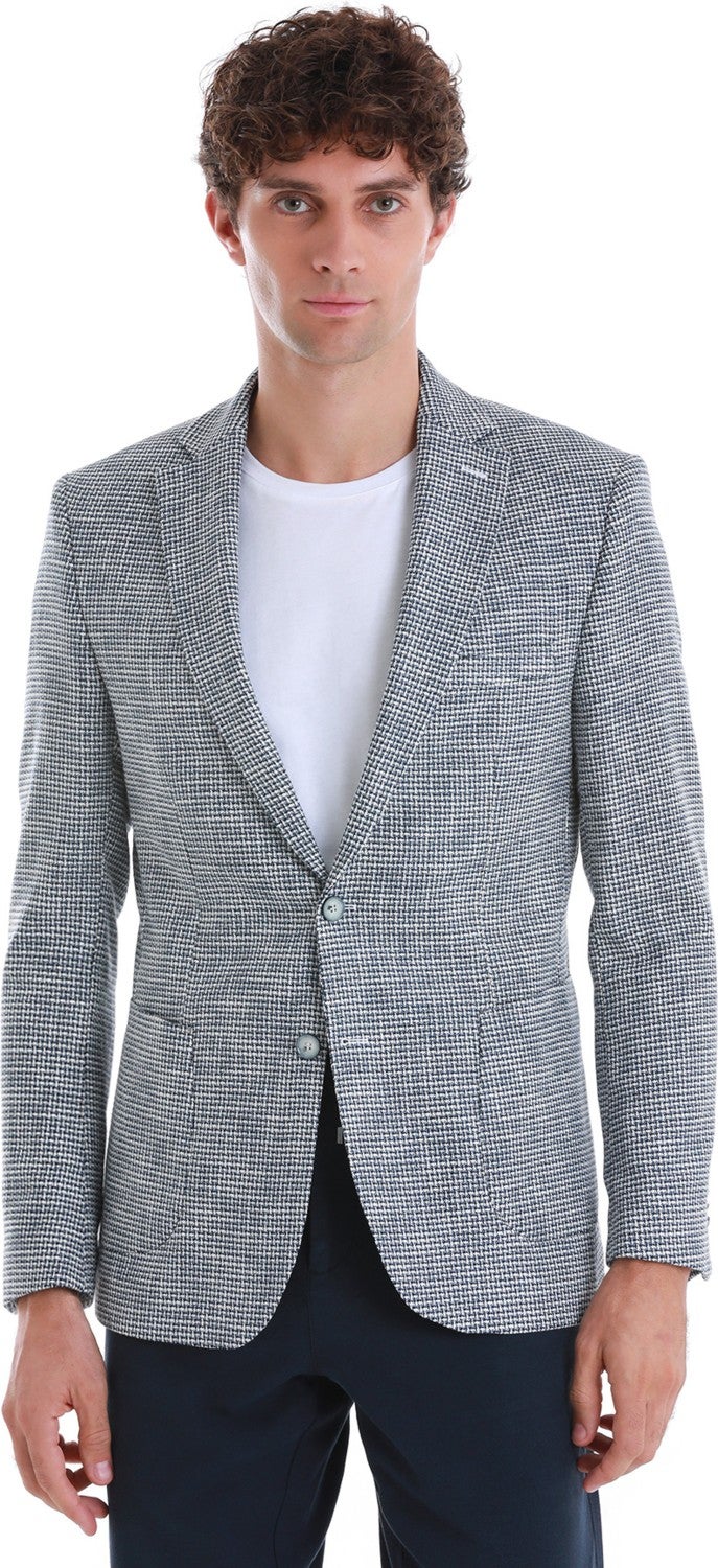 Hatem Saykı Navy Blue Comfort Fit Patterned Mono Collar Classic Jacket  - Image 1