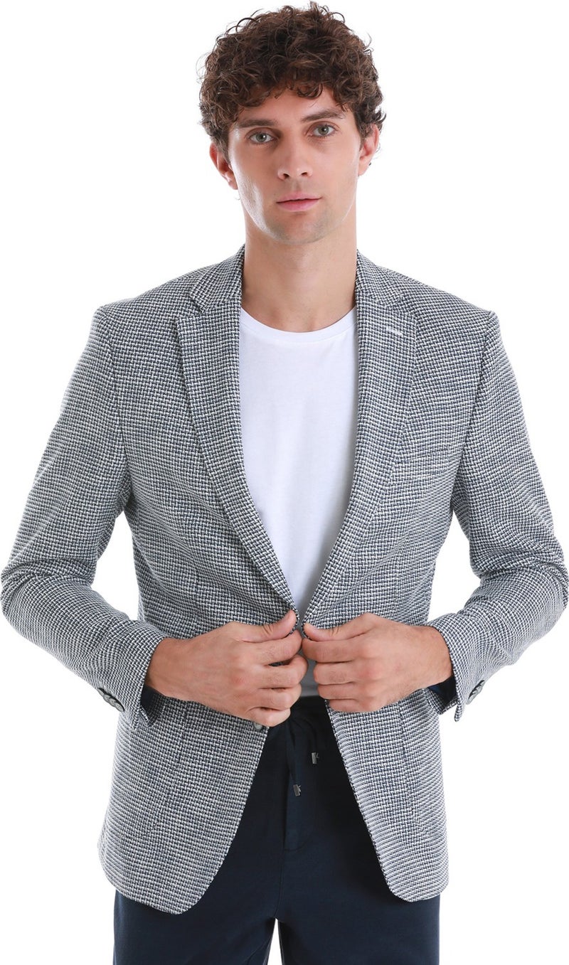 Hatem Saykı Navy Blue Comfort Fit Patterned Mono Collar Classic Jacket  - Image 3