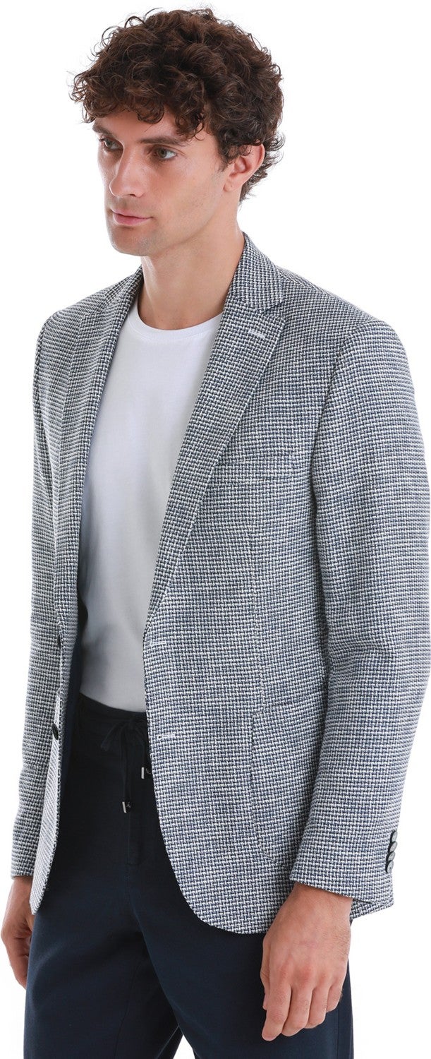 Hatem Saykı Navy Blue Comfort Fit Patterned Mono Collar Classic Jacket  - Image 4