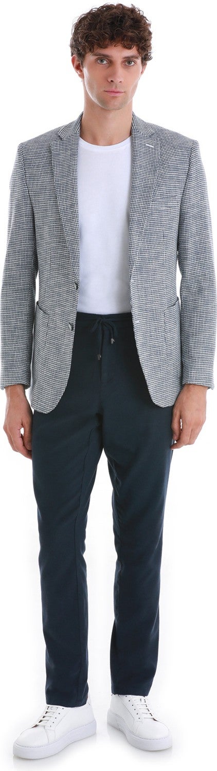 Hatem Saykı Navy Blue Comfort Fit Patterned Mono Collar Classic Jacket  - Image 2