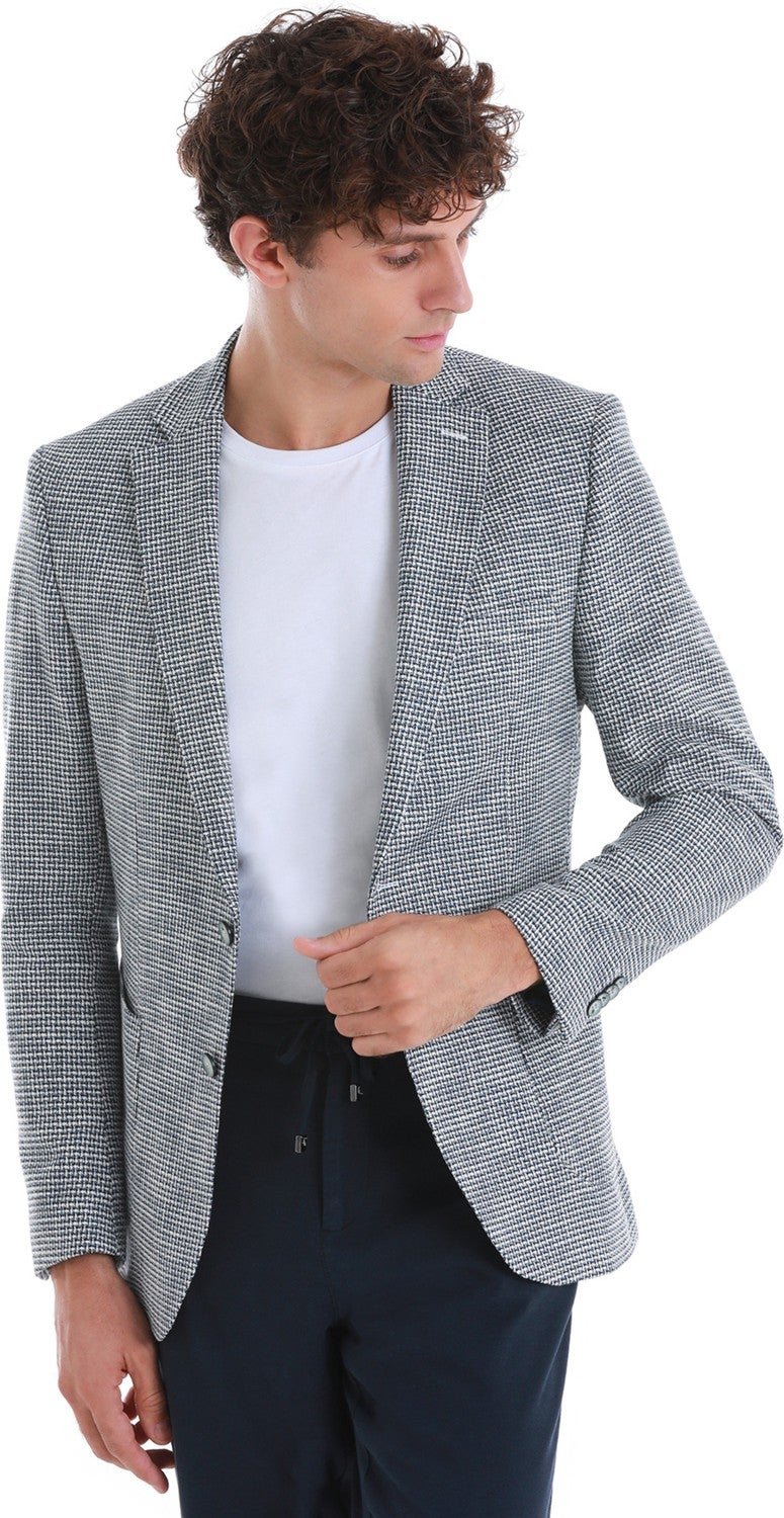 Hatem Saykı Navy Blue Comfort Fit Patterned Mono Collar Classic Jacket  - Image 5