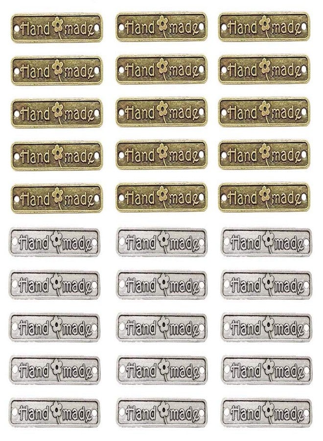 Juland 60PCS Handmade Metal Tags Alloy Hand Made Pendant Bead Charm Metal Label Tag Signs for DIY Jewelry Making Crafts Findings Gift - 25x6mm - Rectangle Silver+ Bronze - Image 1