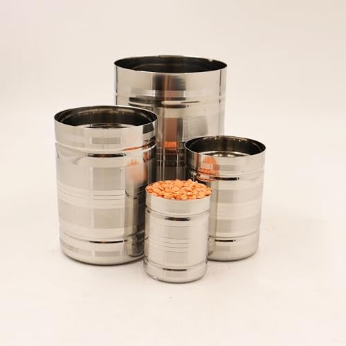 Spillbox Stainless Steel Rice Measuring Padi Uzhakku,Changazhi Measuring Paddy nGrains,nira para Kerala Vessel,Cup,Jug,Mug,Bowl for Home and Kitchen-SS Lines Azhakku Set - Image 1