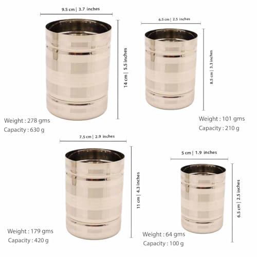 Spillbox Stainless Steel Rice Measuring Padi Uzhakku,Changazhi Measuring Paddy nGrains,nira para Kerala Vessel,Cup,Jug,Mug,Bowl for Home and Kitchen-SS Lines Azhakku Set - Image 3