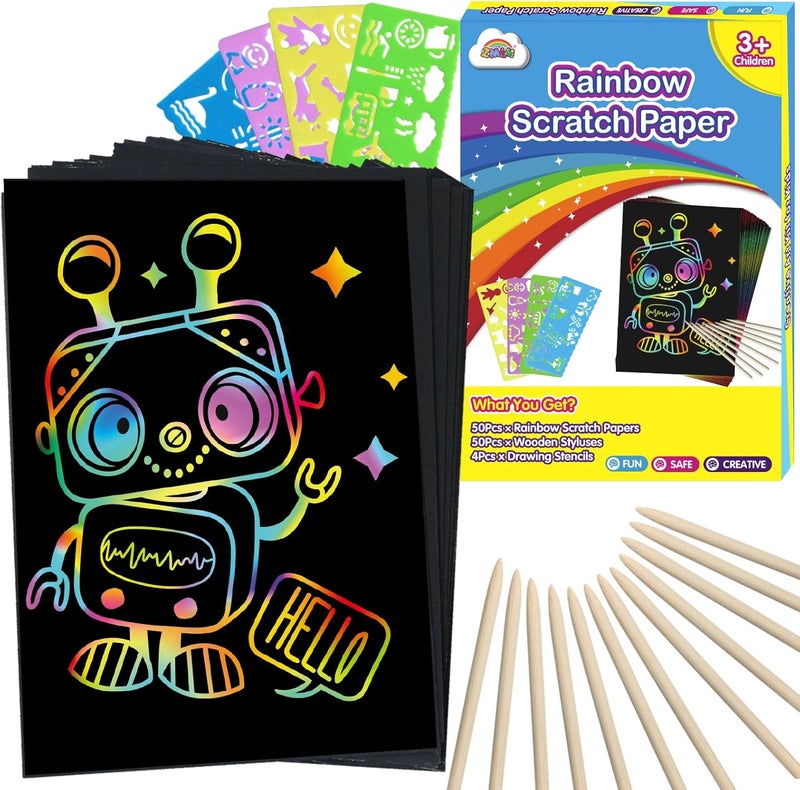 ZMLM Scratch Art Crafts Boys Gifts, 100pcs Rainbow Scratch Paper Art for 3 4 5 6 7 8 9 Years Old Girls and Boys Kids, Arts and Crafts for Kids 4-6 Christmas Gifts Toys and Party Favors (Blue) - Image 1