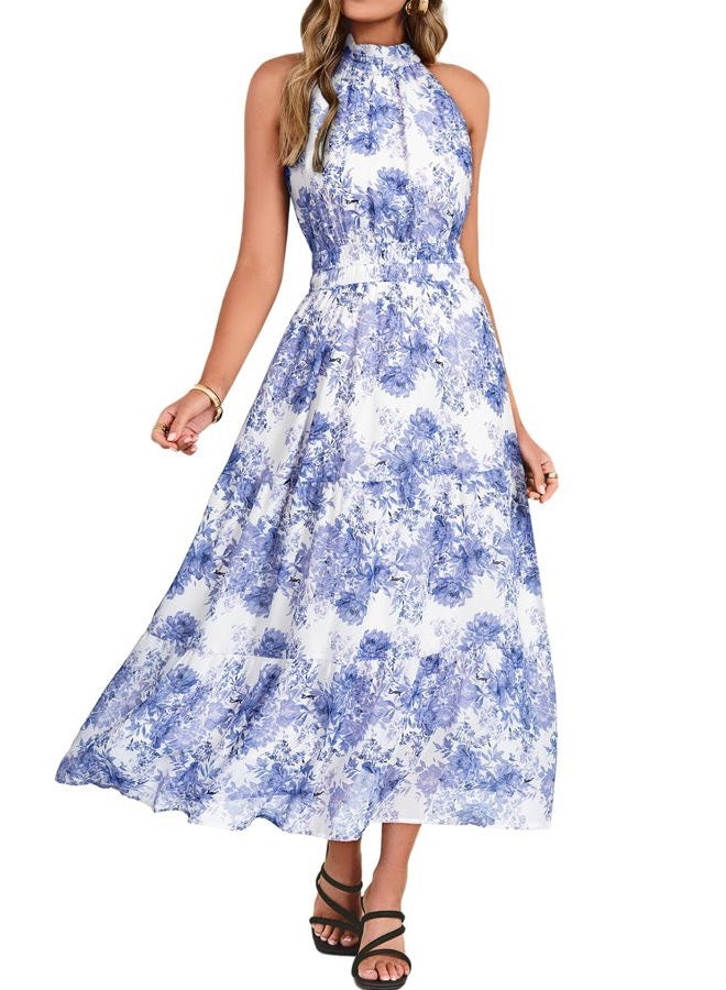 SIMPLEE Womens Summer Halter Wedding Guest Dress Maxi Floral Vacation Boho Sundresses Flowy Formal Long Travel Dresses 2026, White, L - Image 1