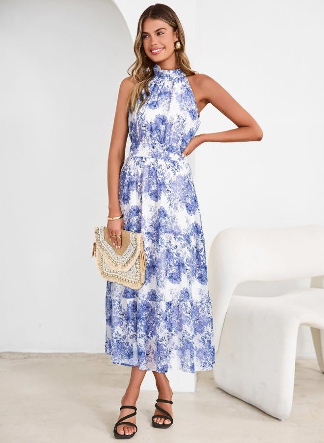 SIMPLEE Womens Summer Halter Wedding Guest Dress Maxi Floral Vacation Boho Sundresses Flowy Formal Long Travel Dresses 2026, White, L - Image 2