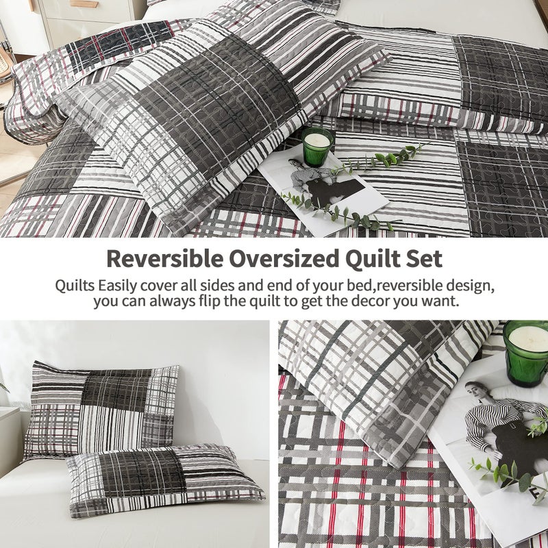 JessyHome King Size Bedspread Set - Plaid Patchwork Stripe Modern Quilt Bedspread Bedding - Soft Lightweight Reversible Home Bedding - Black, White, Grey - Image 4