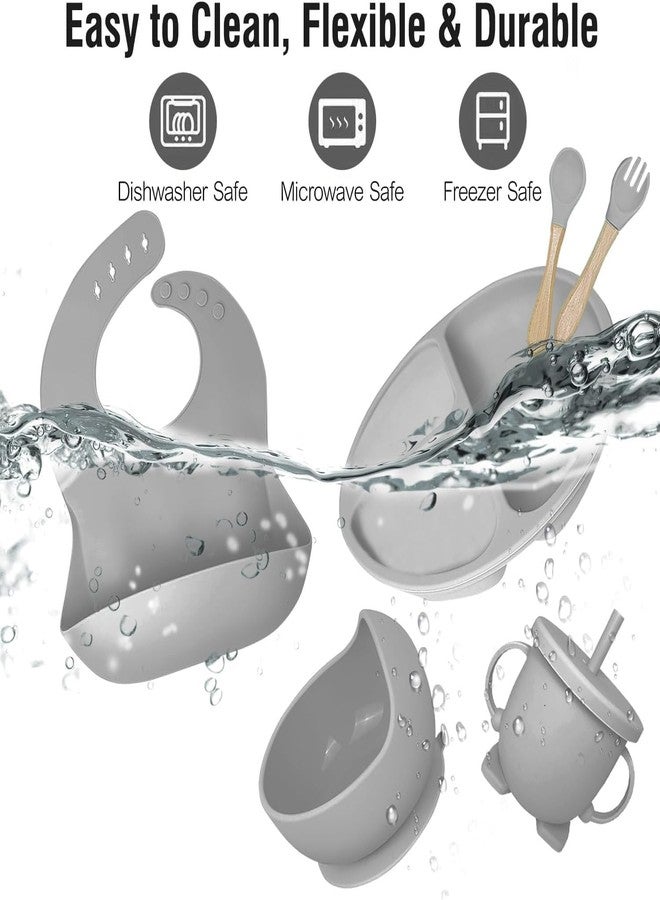 ENAHOLE مجموعة سيليكون لإطعام الأطفال مكونة من 6 قطع، مستلزمات فطام الأطفال، ملاعق أطفال، وعاء شفط، طبق مقسم، مريلة، كوب، فرشاة أصابع، أدوات تناول الطعام الصلب للمرحلة الأولى - 6 أشهر فأكثر (رمادي) - Image 5