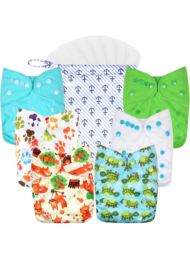 Wegreeco Washable Reusable Baby Cloth Pocket Diapers 6 Pack + 6 Bamboo Inserts (with 1 Wet Bag, Neutral Prints) - Image 1