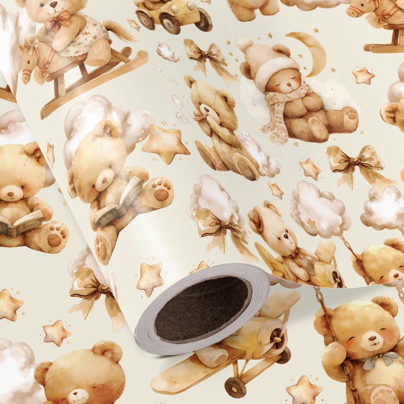 WRAPAHOLIC Teddy Bear Baby Shower Wrapping Paper Roll - Mini Roll - 17 Inch x 16.5 Feet - Brown Teddy Bear Baby Neutral Wrapping Paper, Perfect for Kids Boys Girls Birthday, Newborn Gift Wrap - Image 1
