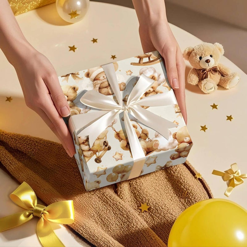 WRAPAHOLIC Teddy Bear Baby Shower Wrapping Paper Roll - Mini Roll - 17 Inch x 16.5 Feet - Brown Teddy Bear Baby Neutral Wrapping Paper, Perfect for Kids Boys Girls Birthday, Newborn Gift Wrap - Image 4