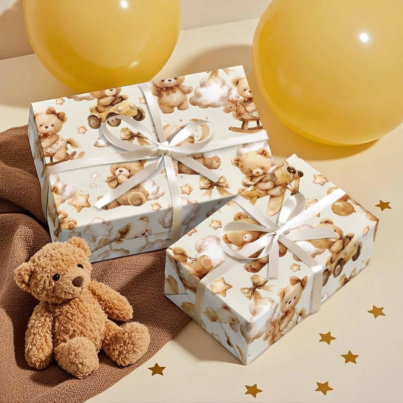 WRAPAHOLIC Teddy Bear Baby Shower Wrapping Paper Roll - Mini Roll - 17 Inch x 16.5 Feet - Brown Teddy Bear Baby Neutral Wrapping Paper, Perfect for Kids Boys Girls Birthday, Newborn Gift Wrap - Image 5