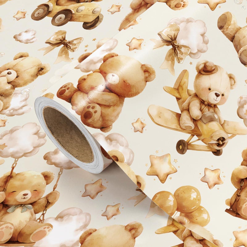 WRAPAHOLIC Teddy Bear Baby Shower Wrapping Paper Roll - Mini Roll - 17 Inch x 16.5 Feet - Brown Teddy Bear Baby Neutral Wrapping Paper, Perfect for Kids Boys Girls Birthday, Newborn Gift Wrap - Image 2