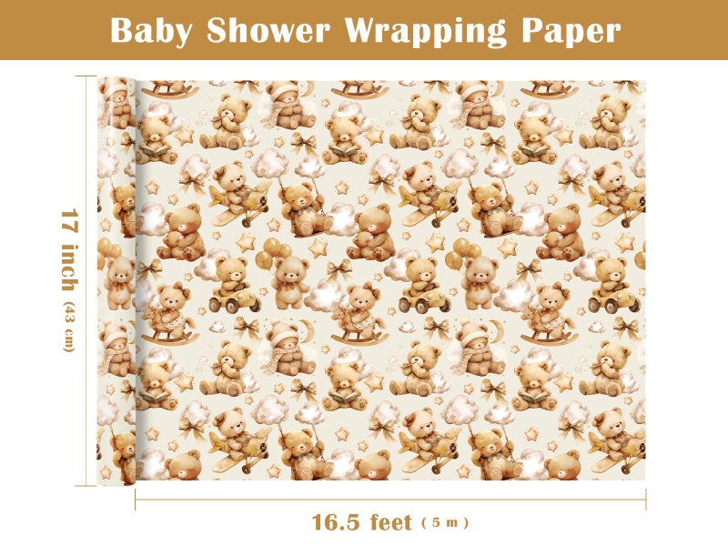 WRAPAHOLIC Teddy Bear Baby Shower Wrapping Paper Roll - Mini Roll - 17 Inch x 16.5 Feet - Brown Teddy Bear Baby Neutral Wrapping Paper, Perfect for Kids Boys Girls Birthday, Newborn Gift Wrap - Image 3